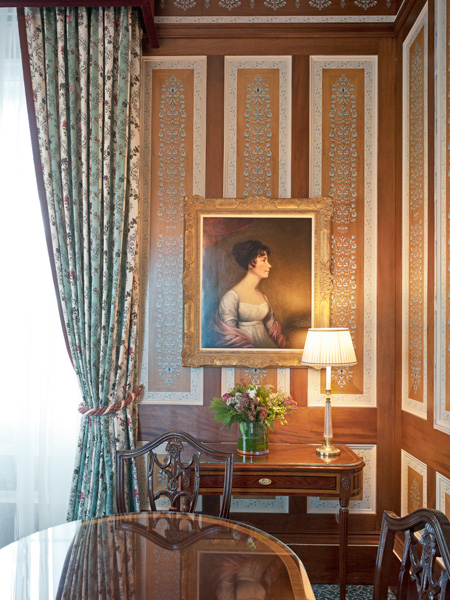Lanesborough, Hyde Park, London, timber panneling and stencilling detail with curtain and artwork